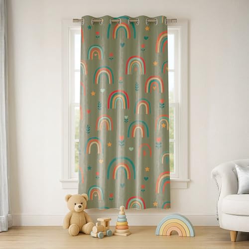 Image of STITCHNEST Velvet Kids Curtains Pack of 2 | Colorful Rainbow & Heart Print | Semi Blackout Curtains for Nursery, Toddler & Playroom | 5 Feet
