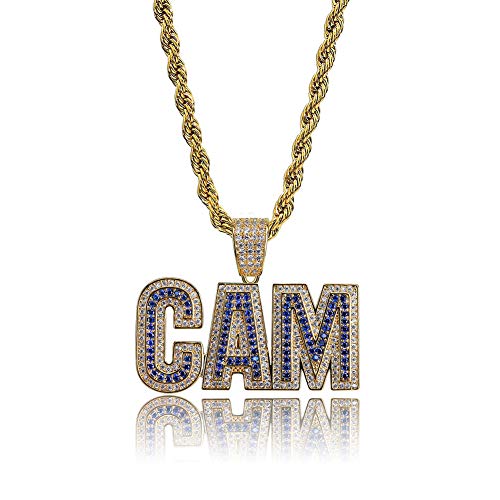Kmasal Jewelry Men Bubble Letter Cam Pendant Hip Hop Iced Out Bling Micro-Pave Diamond Cz Crystal Zirconia Necklace 18K Gold Plated With 24 Inch Rope Chain (Gold) #TOP8