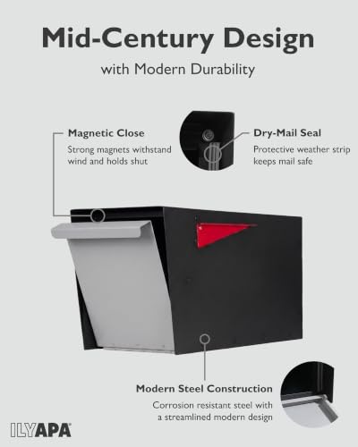 Image of Ilyapa Large Modern Mailbox for Outside - Black - Post Mount