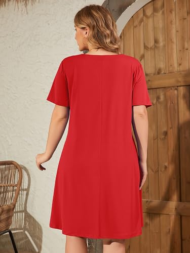 AusLook Plus Size Summer Red Dress for Women V Neck Short Sleeve Loose Fit Casual Knee Length 5X Sundress with Pockets — view 6