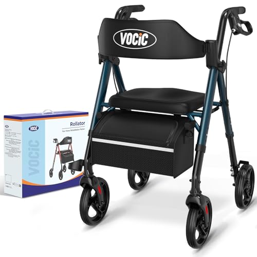 VOCIC Déambulateur pliable et léger, idéal pour appartements, adapté aux personnes âgées, tout-terrain avec pneus de 20 cm, siège et poignée réglables