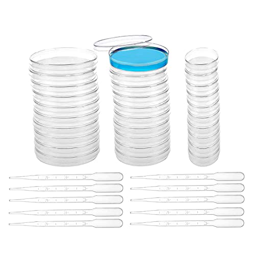 SyiXute Platos Petri De 65+55+34 mm Con Tapa,30 Piezas Placa De Petri De Plástico,Placas De Petri De Bacterias para Laboratorios,Biología,Microbiología Equipadas Con 10 Pipetas De Plástico De 3 ml