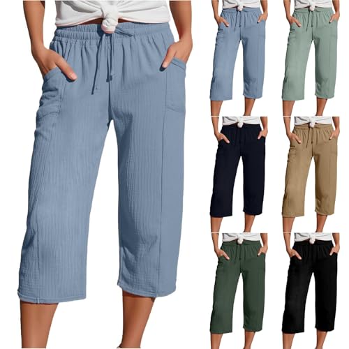 Pantalon capri lin léger femme 3/4 en mousseline grande taille fluide avec poches pour l'été