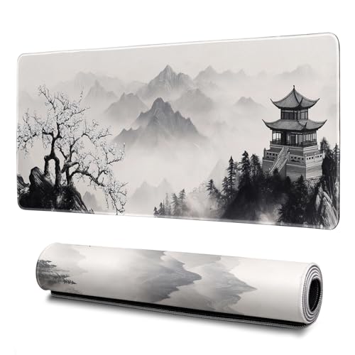 Pagoda Mouse Pad Abstract Cherry Blossom Watercolor Mouse Pad 31.5x11.8 Inch Texture Non-Slip Rubber Base Large Mousepad Stitched Edges Keyboard Mouse Mat Desk Pad for Office