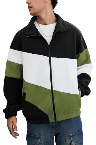 ZAFUL Men's Casual Colorblock Sherpa Jacket Long Sleeve Full-Zip Teddy Coat Retro Style Fleece Shacket with Pockets