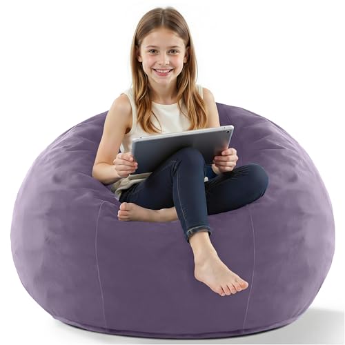 Image of HABUTWAY 2FT Bean Bag Chair, 2' Beanbags Small Bean Bag Chairs with Filling, Teardrop Bean Bag Chair Luxurious Velvet Ultra Soft Fur with Removable Cover (Purple)