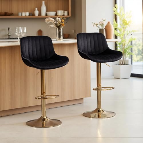 Image of ECHINGLE Velvet Bar Stools Set of 2 - Swivel Counter Height Barstools with Back & Adjustable Height, Modern Gold Kitchen Island Stools for Bar, Armless Pub Stools, Soft Black Upholstered Seating
