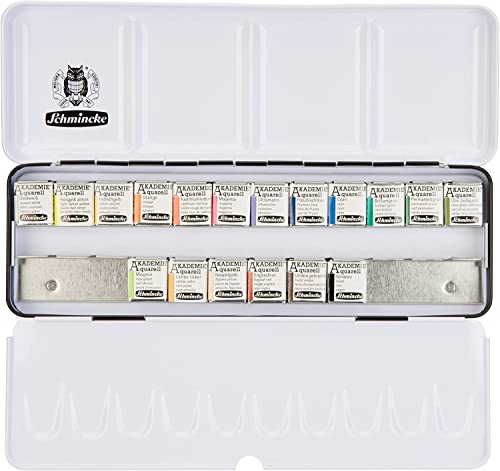 Schmincke - Caja de Pinturas para Acuarelas AKADEMIE®, 18 Tubos de 1/2 + Espacio para 6 Tubos adicionales, 75 772 097, Caja de Metal, Acuarelas para Artistas Finos Cover