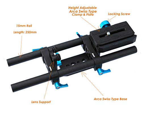 Fotasy Universal Aluminum 15mm Rail Rod Support System Mount Baseplate, with QR Plate