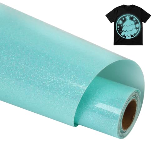 Image of guangyintong Heat Transfer Vinyl Glow Glitter HTV Rolls, Cyan 12 inch x 5ft