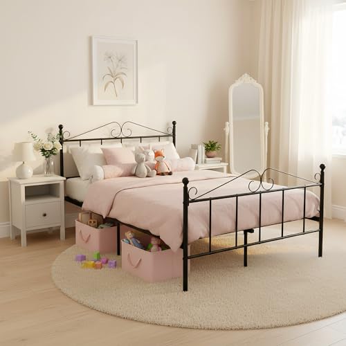 Double Bed Doppelbett Metallbett Bettrahmen Bettgestell für 140x190CM Matratze, Metall Bodenbett Schlafzimmer Bett mit Kopfteil Geeignet für Gästebett Jugendbett Seniorenbetten/Schwarz/Stil A – Bild 3