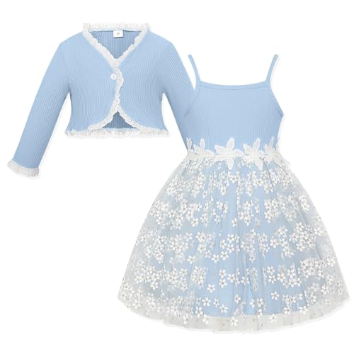 Toddler Tulle Dress and Cardigan Girl Strap Ribbed Tutu Dresses Long Sleeve Shrugs Casual Wear 2-6Y