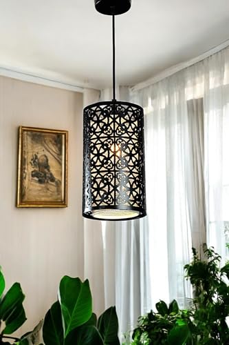 Image of Prop It Up Decorative Iron Pendant Light, 16 cm Diameter, Geometric Pattern, Black, Without Bulb