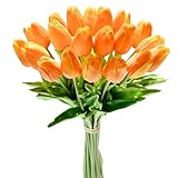 Mandy's Orange Artificial Tulips Flowers Centerpiece, 13.5' Lifelike PU Fake Floral Stems 20pcs for Kitchen Island & Dining Table, Spring Decor for Easter