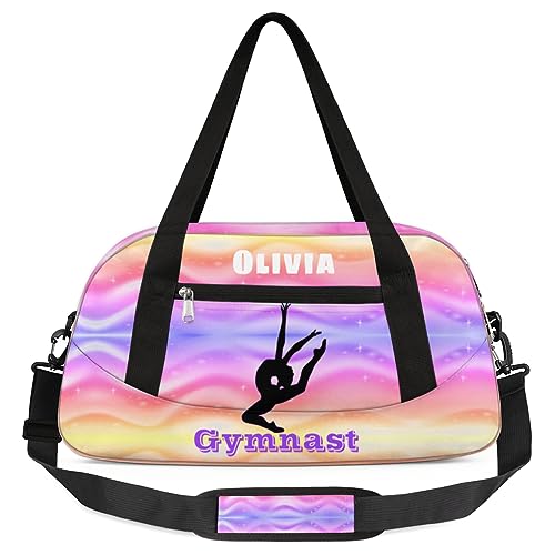 Custom Kids Duffel Overnight Bag Personalized Dance Bag Travel Duffel Bag for Girls Boys Customized Kids Gifts- Girls Gymnastics Rainbow