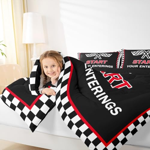 Image of Feelyou Kids Racing Car Duvet Insert Full Size, Checkered Flags Bedding Set Race Sports Flag Comforter Set Boys Girls Teens Bedroom Decor 3Pcs