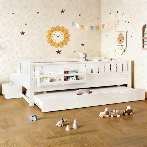 Bellemave Twin Size Kids Platform Bed with Trundle and Staircase, Wooden Twin Floor Bed Frame with Safety Rails and Bookshelf for Girls Boys, White