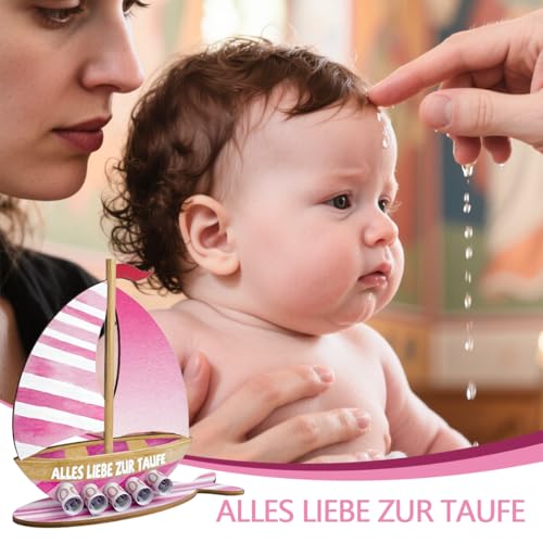 Taufgeschenke für Mädchen, Geldgeschenk zur Taufe - Holz Boot mit Basis, Originelle Taufe Geschenk Taufdeko für Mädchen (Rosa)
