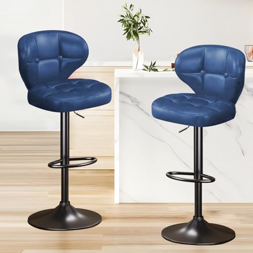 Walktory Bar Stools Set of 2 Adjustable Swivel Bar Chairs with 360 Rotation Padded Counter Stools with Back and Footrest for Kitchen Island Bistro Cafe and Home Use Blue