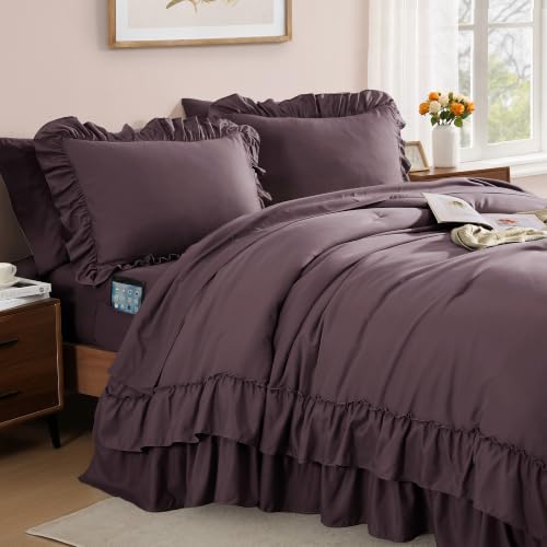 Image of Twin XL Comforter Set Dark Purple Ruffle 5 Pieces Bed in a Bag for Dorm | Farmhouse Shabby Chic Fluffy Bedding Sets with Sheets, Pillowcase & Sham