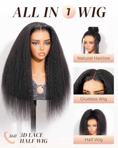 Image of Arabella 3 In 1 Half Wig Kinky Straight Upgraded Glueless Wigs HD Lace Human Hair Yaki Straight Invisible Hairline 210% Density 12A Wear & Go 3D Cap Seamless Drawstring Beginner Friendly 20 Inch
