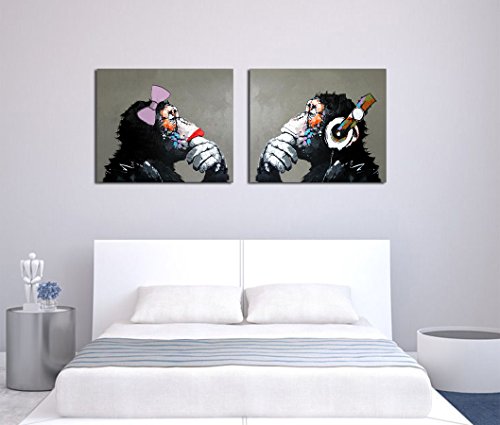 Fokenzary Hand Painted Oil Painting On Canvas Listening Music Pop Gorilla Couple Lover Wall Decor Framed Ready To Hang #TOP5