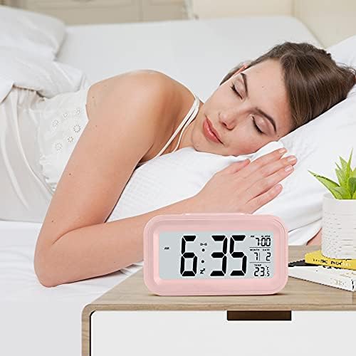 U-picks Alarm Clock 4.3" LED Display , Digital Alarm Clock with battery powered, Snooze, Easy to Use ,Temperature Calendar , 12/24 Hr, Light control Portable Alarm clocks bedside for adults kids-Pink