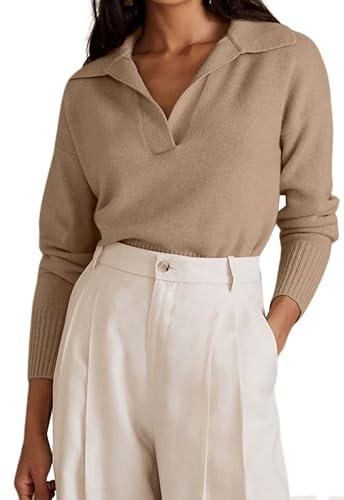 OLAPTA Women Knitted Lapel Collar Crop Sweater Polo V Neck Long Sleeve Loose Fit Casual Comfy Pullover Sweater Jumper Tops