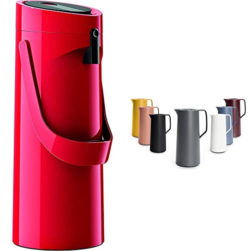 Emsa 515708 Ponza Pump-Isolierkanne, Thermosflasche, 1,9l Füllvolumen,rot, 17 x 16.5 x 39 cm & N41701 Motiva Isolierkanne | 1 Liter | Quick-Press-Verschluss | 12h heiß, 24h kalt Anthrazit