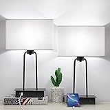 Set of 2 Touch Control Table Lamp with 2 USB Ports 1 AC Outlet, 3-Way Dimmable Bedside Nightstand Lamps with Fabric Shade, Modern Desk Lamp for Bedroom Living Room Office, 5000K LED Bulb Included
