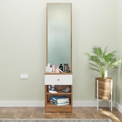 Image of VIKI | Engineered Wood Dressing Table with 1 Drawer, Mirror and Huge Storage Space | Vanity for Living Room, Bedroom (Brussel Walnut & Frosty White- 43.8W x 40D x 182.6H cms)