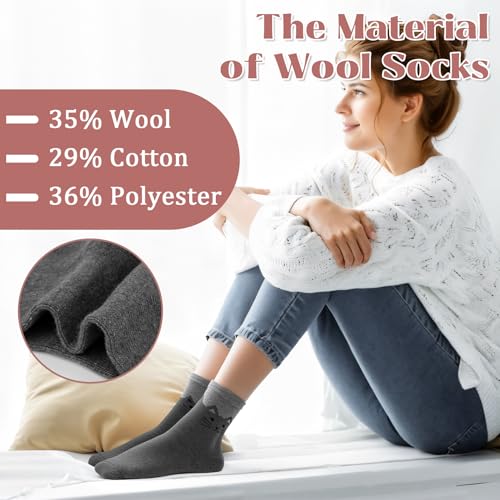 Image of 5 Pairs Wool Socks for Women, Winter Warm Cute Cat Crew Socks