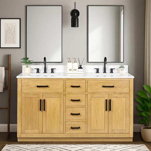 XWNE 60-inch Natural Oak Bathroom Vanity with 2 Sinks, Solid