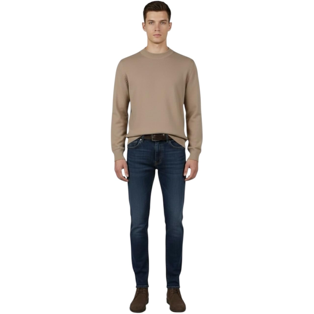 Men's Beige Crew Neck Sweater M Cotton Blend Casual Winter Pullover Long Sleeve Soft-image-36