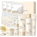 11 Piezas Rice Skincare Kit, Kit Skincare Facial Mujer Completo, Skin Care Set con Rice Toner, Crema Facial, Serum, Cleanser, Eye Cream, Eye Patches, Mascarillas Faciales, para Revitalizar la Piel
