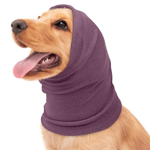 Image of BRKURLEG Dog Calming Hoodie, Ear Muffs for Noise Protection, Dog Head Cover Sleeves Ears Covers, Pet Ear Covers Hood for Anxiety Relief, Hematoma, Grooming and Force Drying, Purple, S
