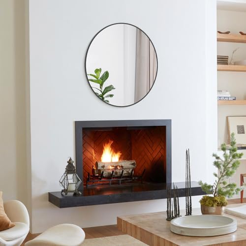 Image of WallBeyond Round Wall Mirror 28 inch Black Large Circle Mirror for Bathroom with Metal Framed, Round Black Mirror for Wall Decor, Vanity, Entryway Living Room