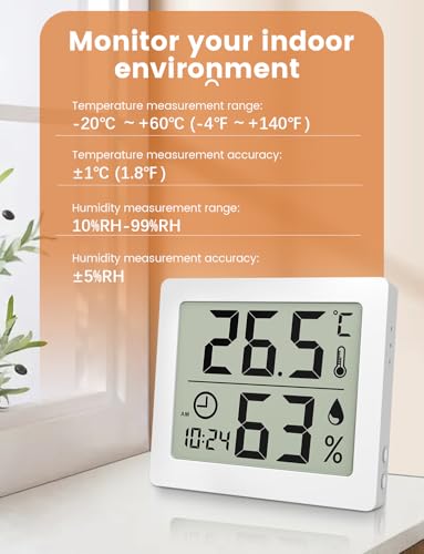 Digitales Thermo-Hygrometer Innen Thermometer Hygrometer Temeo Hygro Indicator 3,1” großer LCD-Bildschirm Temperatur und Luftfeuchtigkeitmessgerät mit Uhr (weiß)