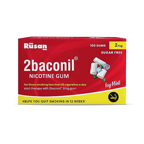Image of Rusan 2baconil 2mg 100 Nicotine Gums | Icy Mint Flavor | Sugar-Free | Quit Smoking & Chewing Tobacco /Gutkha | Nicotine Replacement Therapy | Reduces Cravings & Withdrawal Symptoms