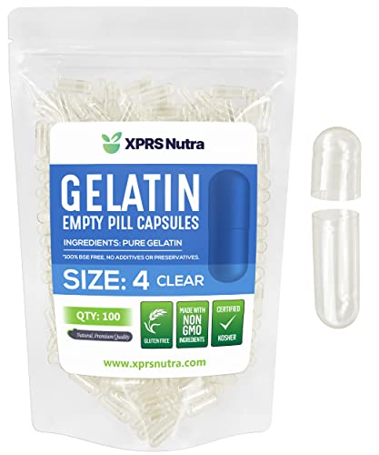 XPRS Nutra Size 4 Empty Capsules - 100 Count Small Clear Empty Gelatin Capsules - Pills DIY Capsule Filling - Fillable Pure Bovine Pill Gel Caps for Do-It-Yourself Supplements