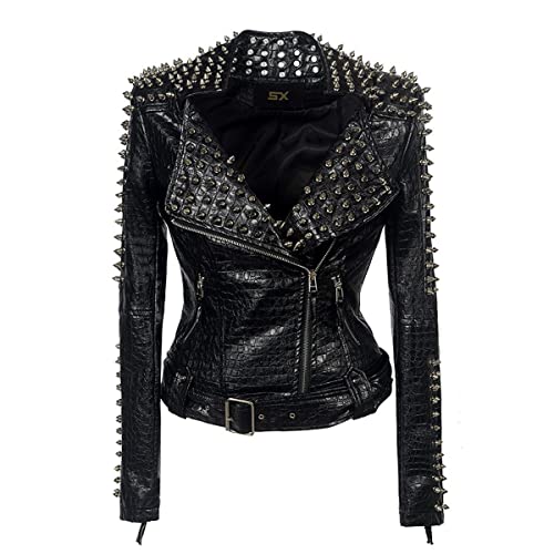 Fashion SX Women's Punk Studded Rivet Faux Leather Motorcycle Short Jacket4