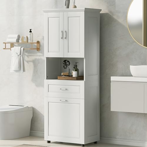 SOFTSEA 69" Tall Tilt-Out Laundry Hamper, Tall Bathroom Storage Cabinet with Tilt-Out Laundry Hamper Basket, Bathroom Cabinet with Two Doors, Drawer and Open Shelf, White