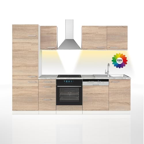 Vicco Küchenzeile Optima, Sonoma/Weiß, 270 cm ohne Arbeitsplatte mit LED-Leisten, zur individuellen Anordnung und Erweiterung geeignet