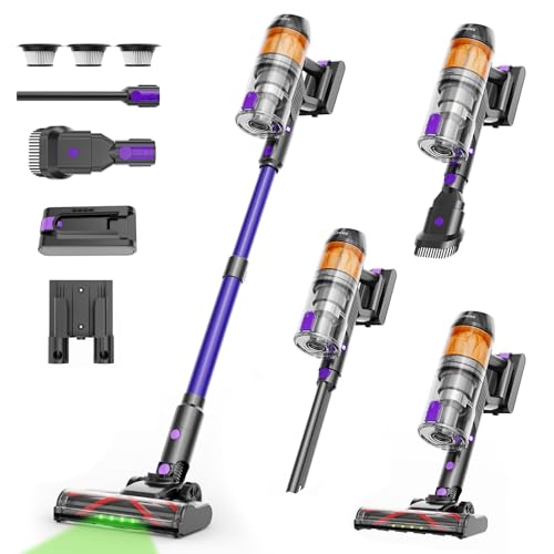 Image of Cordless Vacuum Cleaner,500W 40KPa 120Mins Runtime with 2 Batteries,Anti-Tangle Stick Vacuum with Green Light,Rechargeable Wireless Vacuum for Pet Hair /Carpet /Hardwood Floor,Purple