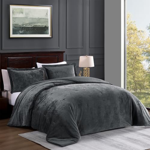 TAMGHO Crushed Velvet Grey Comforter for Queen Size Bed, Luxury Soft Velvet Bedding Set for All Seasons, 3pc Grey Bed Set Queen, 1 Comforter (92"x96") and 2 Pillow Shams (20"x26"+2")