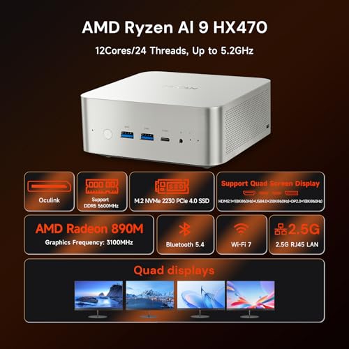 Image of Reatan X8 Mini PC with AMD Ryzen AI 9 HX470 (Beats HX370), 48GB DDR5 5600MHz, 1TB PICE4.0 SSD, OcuLink Mini Gaming PC, USB4, 8K Quad Display, 2.5G LAN, Wi-Fi 7, 86TOPS AI Workstation, Silver 1