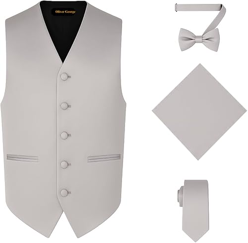 Oliver George Chaleco de traje formal sólido para hombre, 4 piezas, chaleco de esmoquin, corbata, corbatín, pañuelo, conjunto para traje o esmoquin