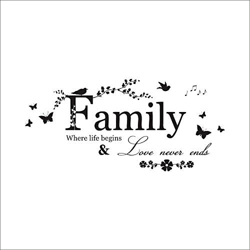 Family Where Life Begins & Love Never Ends - AUHOTA Wall Decal Sticker Quotes, Removable DIY Mural Sayings Wallpaper Home Decor for Living Room Bedroom  Warm & Loving Art Words (25×12 inches, Black)