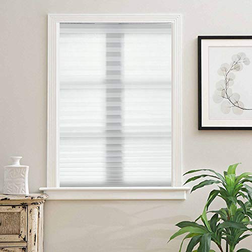 Biltek Cordless Pleated Fabric Window Shades Temporary Blinds- Light Filtering, Peel 'N Stick 48" W X 72" H, White #TOP1