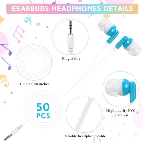Image of 50 Pack Earbuds Wired Bulk for Classroom 3.5mm Jack, Sky Blue